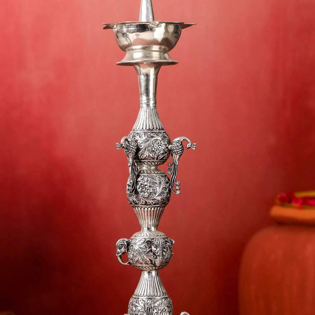 Brass Silver Plated Peacock Design Samai Oil Lamp (32.5 Inch) - Image 4