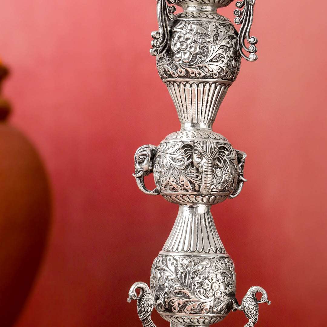 Brass Silver Plated Peacock Design Samai Oil Lamp (32.5 Inch) - Image 5