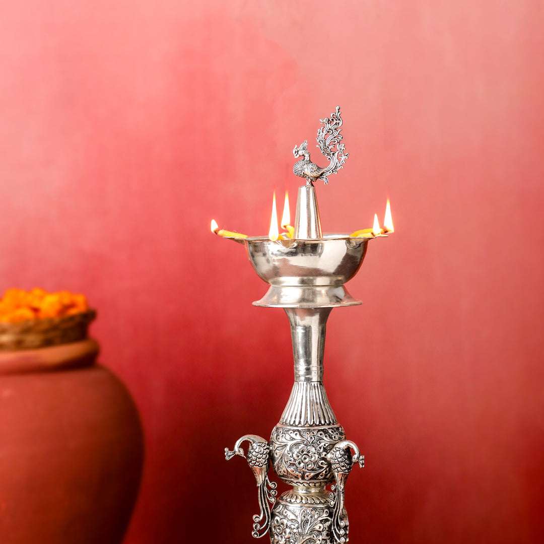 Brass Silver Plated Peacock Design Samai Oil Lamp (32.5 Inch) - Image 8