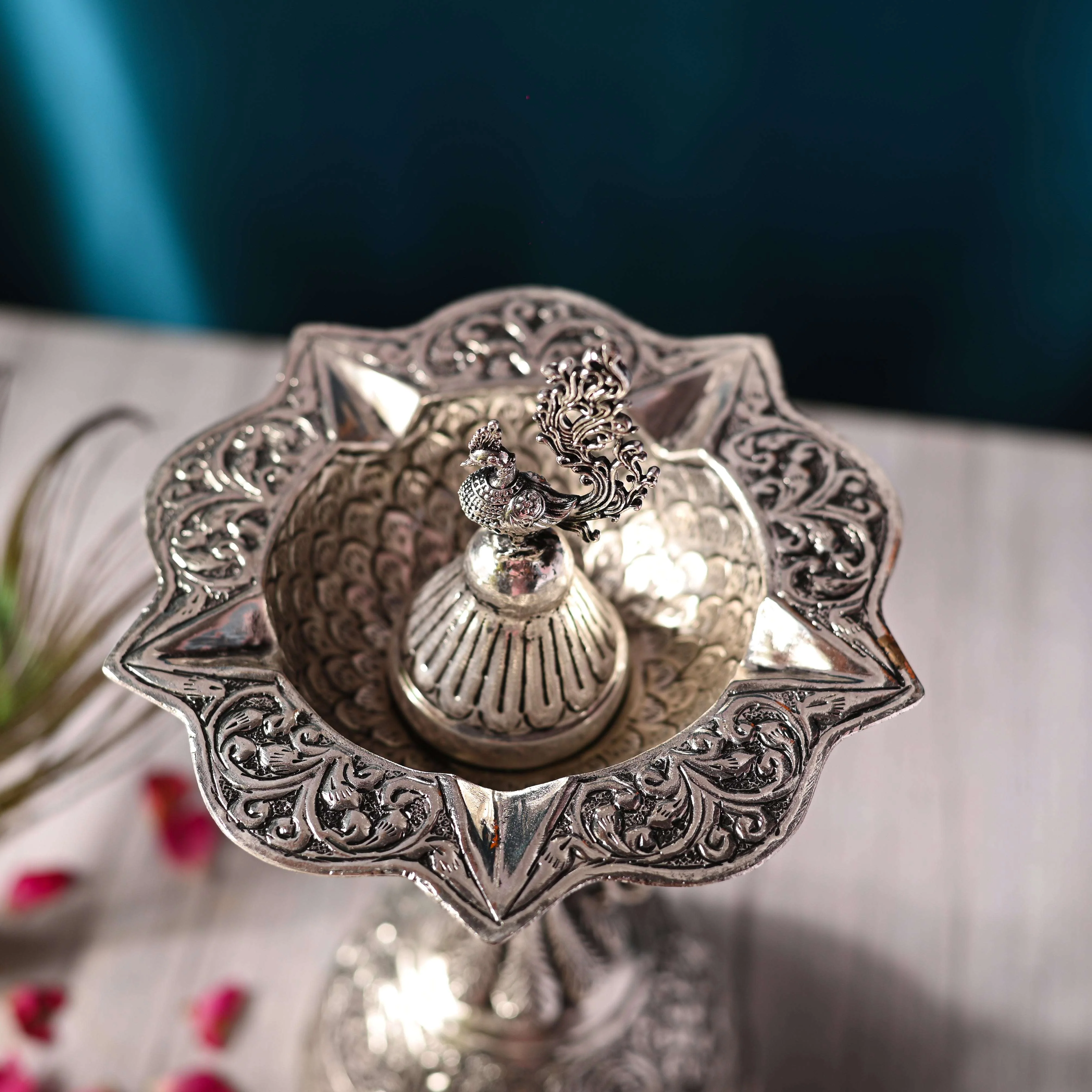 Brass Silver Plated Peacock Five Petal Diya (10.5 INCH) - Image 3