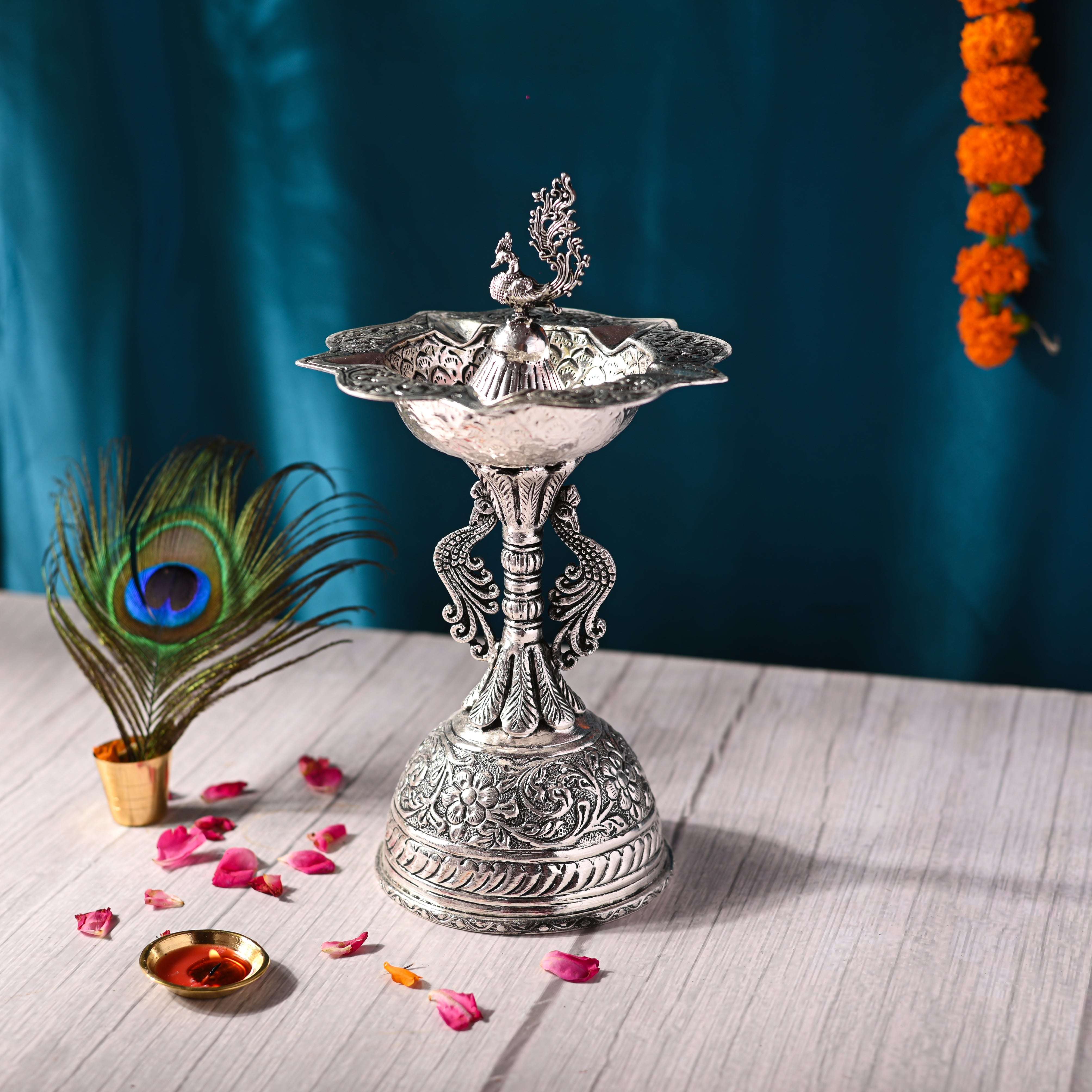 Brass Silver Plated Peacock Five Petal Diya (10.5 INCH) - Image 4