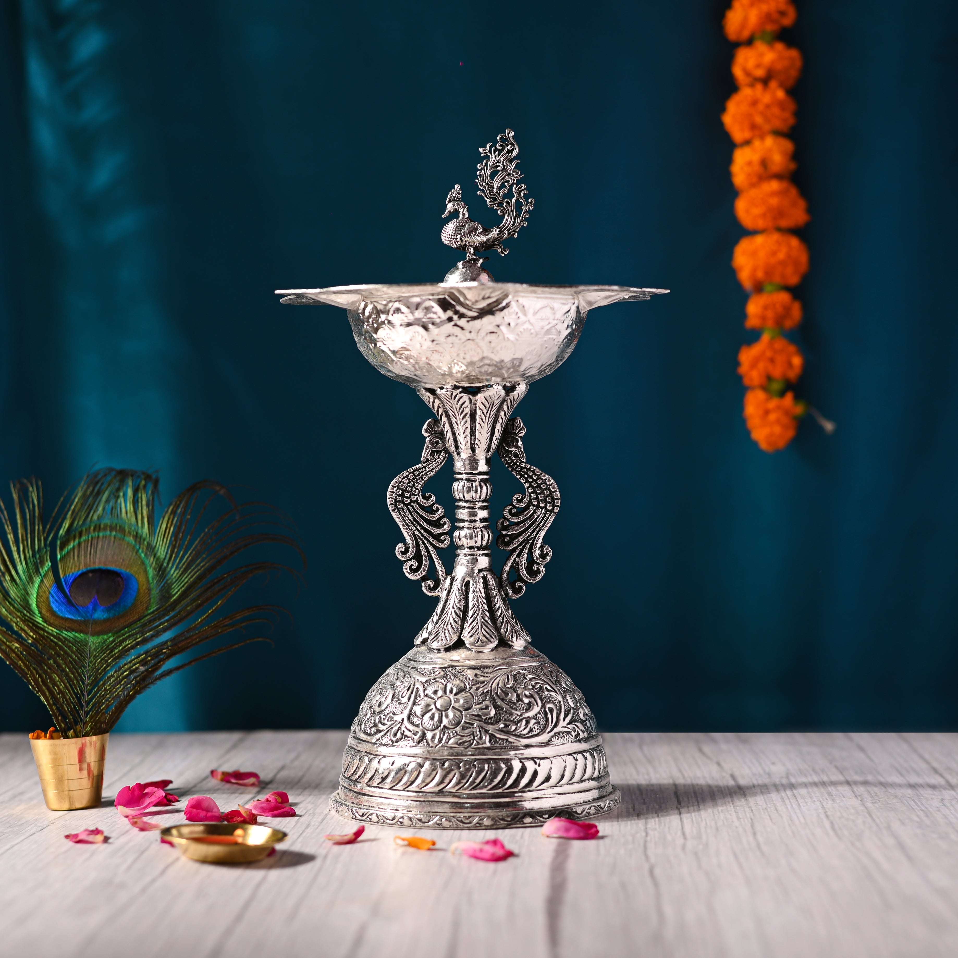 Brass Silver Plated Peacock Five Petal Diya (10.5 INCH) - Image 5