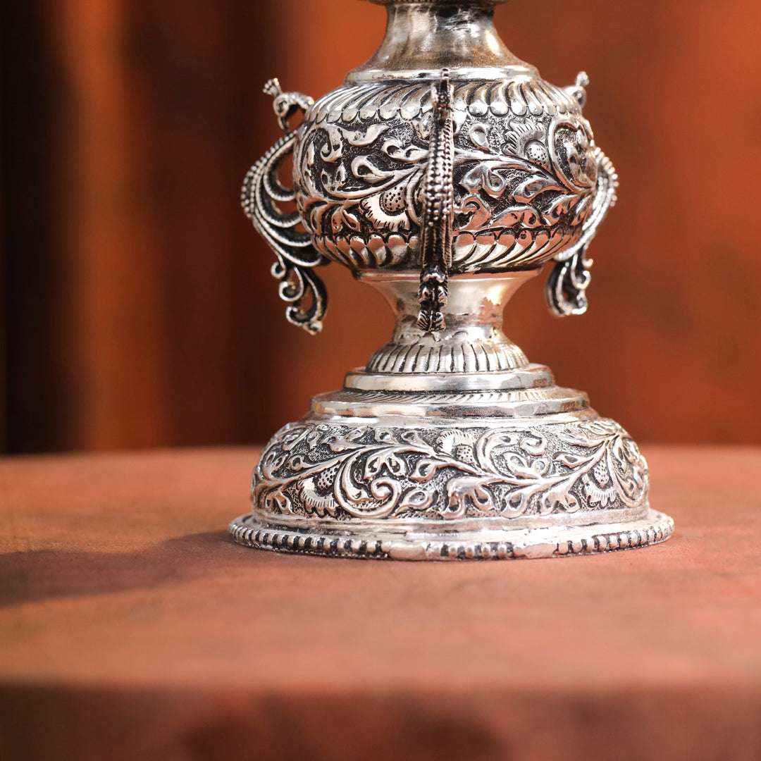 Brass Silver Plated Peacock Design Samai Oil Lamp (23.8 Inch) - Image 11