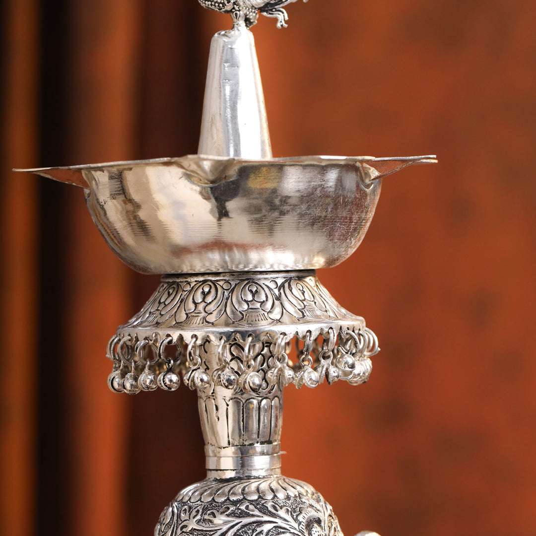 Brass Silver Plated Peacock Design Samai Oil Lamp (23.8 Inch) - Image 12