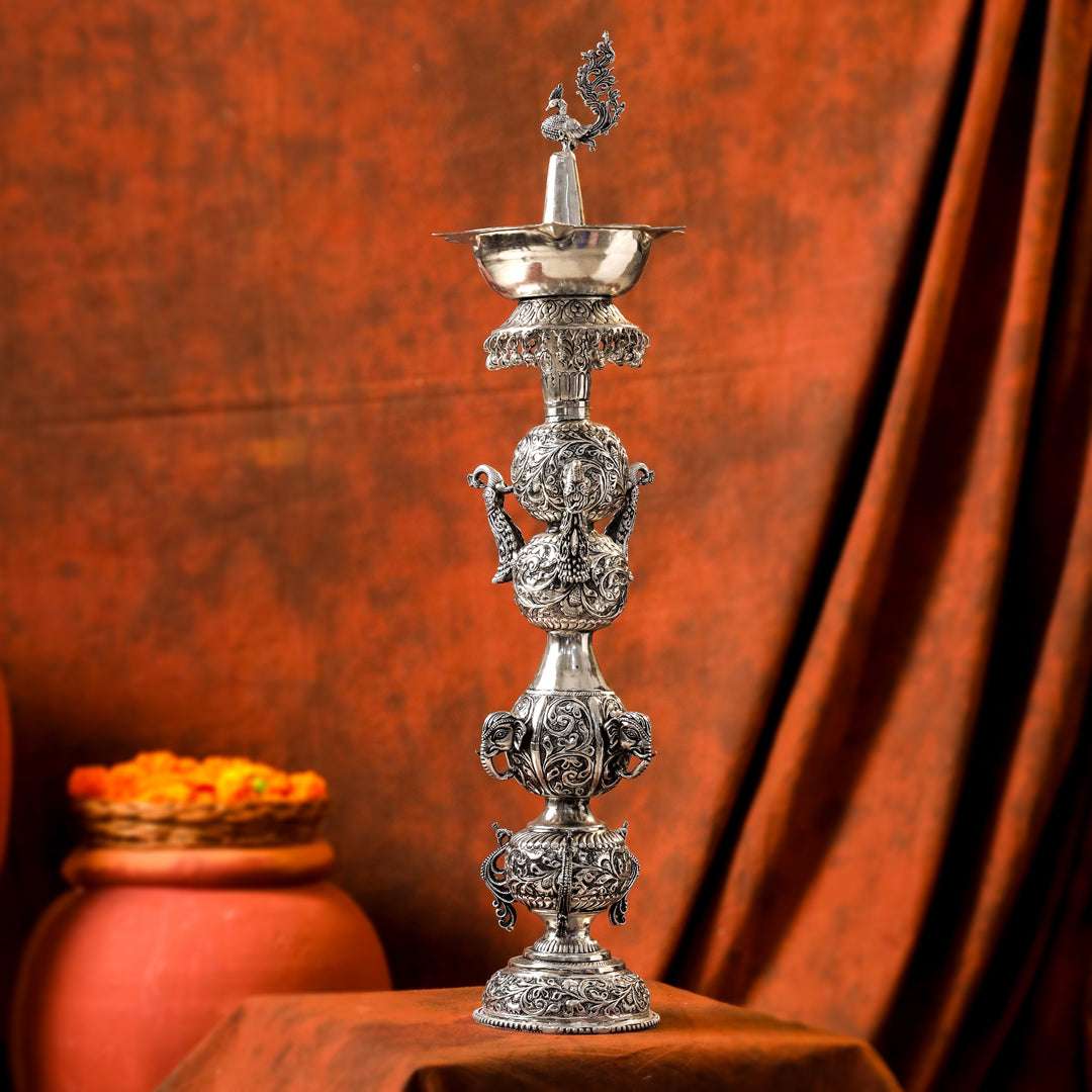 Brass Silver Plated Peacock Design Samai Oil Lamp (23.8 Inch) - Image 2