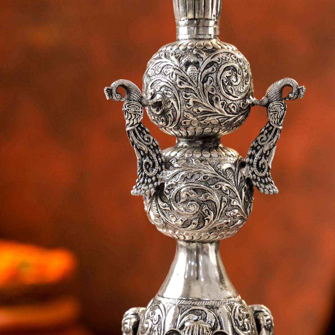 Brass Silver Plated Peacock Design Samai Oil Lamp (23.8 Inch) - Image 5