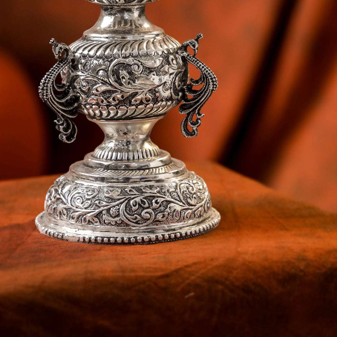 Brass Silver Plated Peacock Design Samai Oil Lamp (23.8 Inch) - Image 6