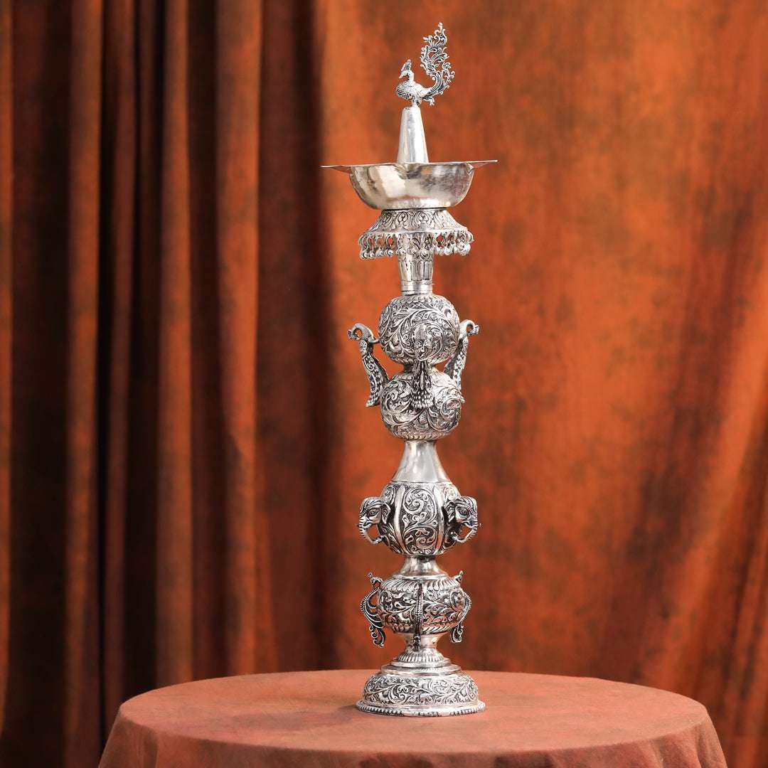 Brass Silver Plated Peacock Design Samai Oil Lamp (23.8 Inch) - Image 8