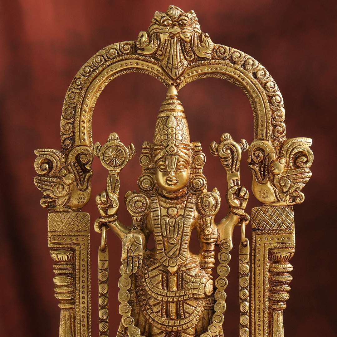 Brass Lord Venkateswara Idol with Arch | Traditional Tirupati Balaji Murti for Home Temple & Décor (13.2 Inch) - Image 2