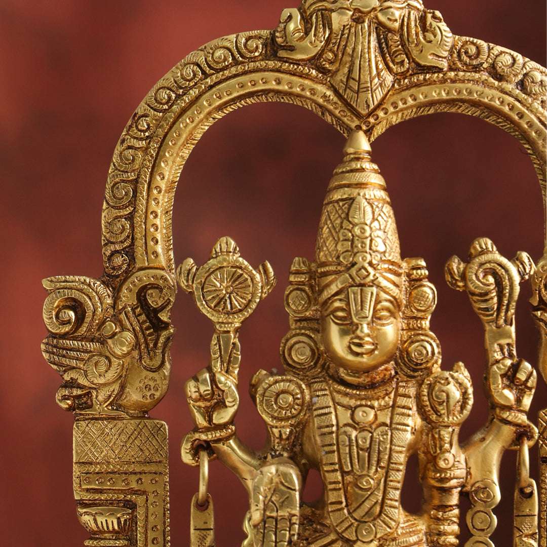 Brass Lord Venkateswara Idol with Arch | Traditional Tirupati Balaji Murti for Home Temple & Décor (13.2 Inch) - Image 3