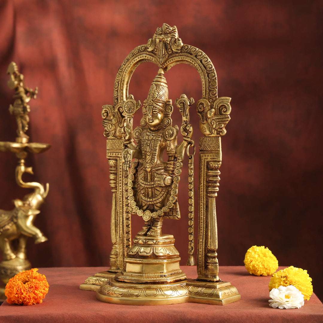 Brass Lord Venkateswara Idol with Arch | Traditional Tirupati Balaji Murti for Home Temple & Décor (13.2 Inch) - Image 4