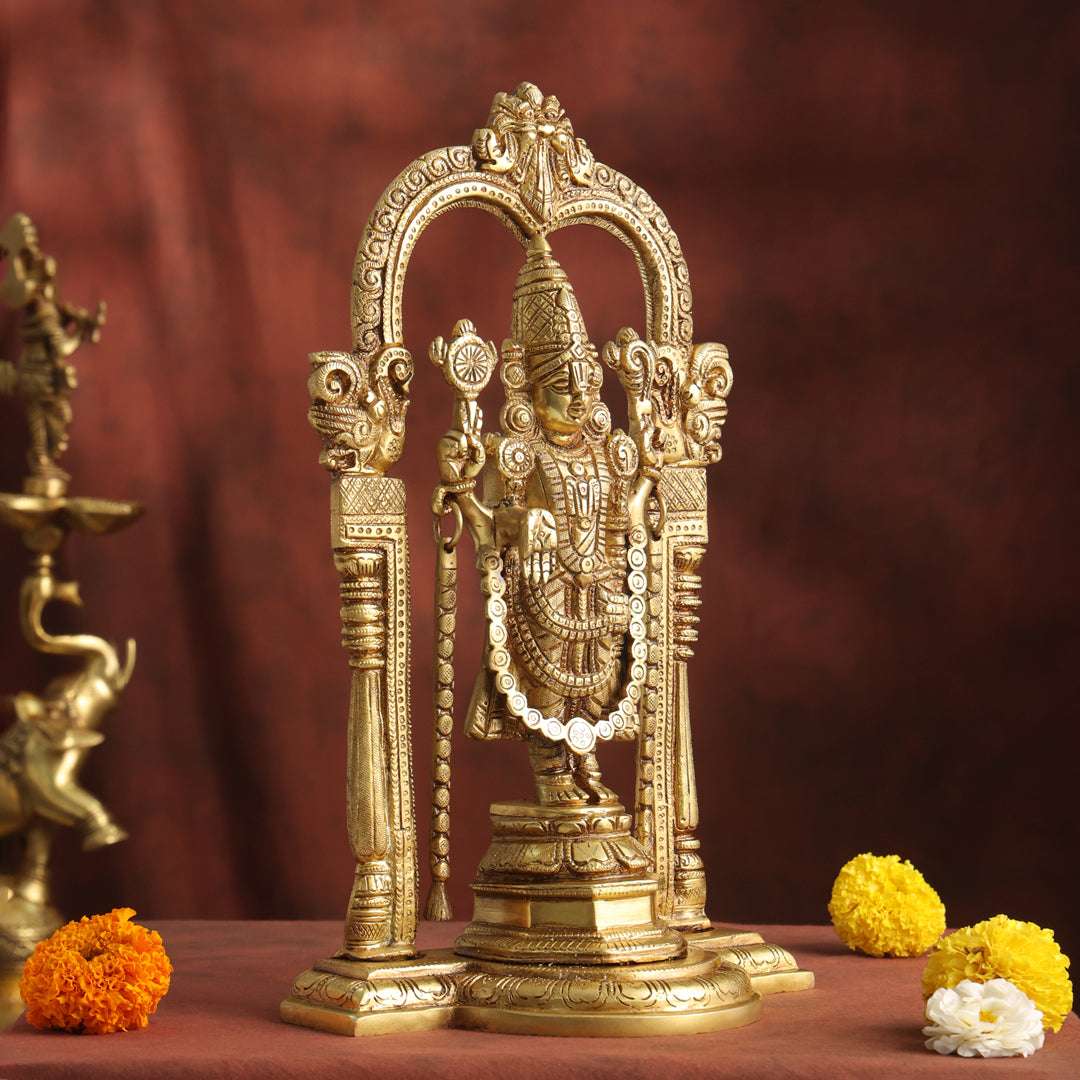 Brass Lord Venkateswara Idol with Arch | Traditional Tirupati Balaji Murti for Home Temple & Décor (13.2 Inch) - Image 5