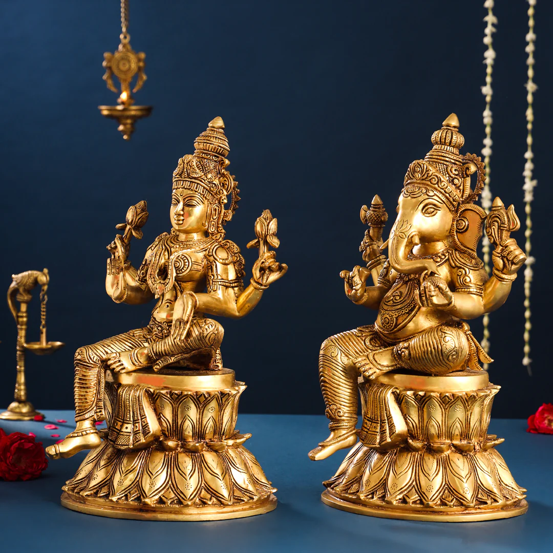 Brass Sitting Ganesha And Lakshmi Idols Set (14.8 Inch) - Image 2