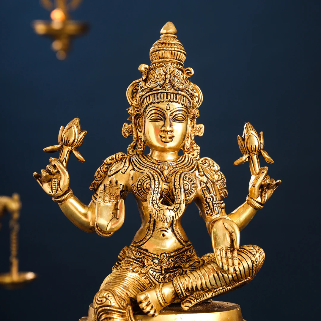 Brass Sitting Ganesha And Lakshmi Idols Set (14.8 Inch) - Image 7