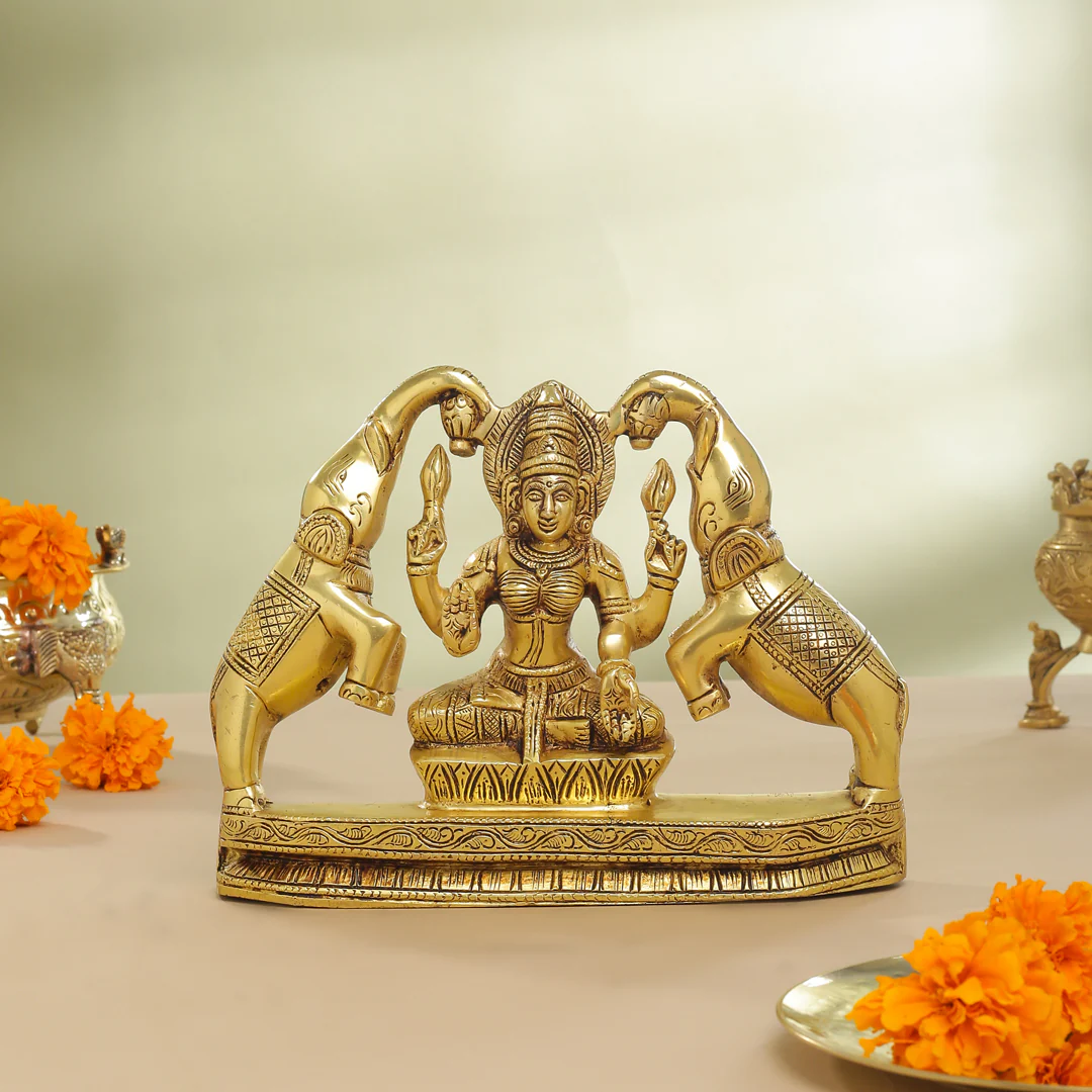 Brass Goddess Sitting Gaja Lakshmi Idol (7.5 Inch)