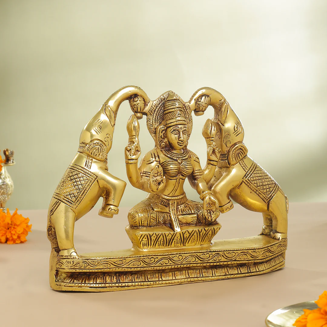 Brass Goddess Sitting Gaja Lakshmi Idol (7.5 Inch) - Image 2
