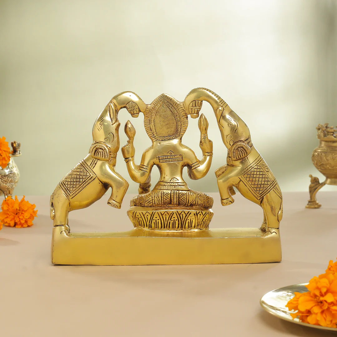 Brass Goddess Sitting Gaja Lakshmi Idol (7.5 Inch) - Image 3