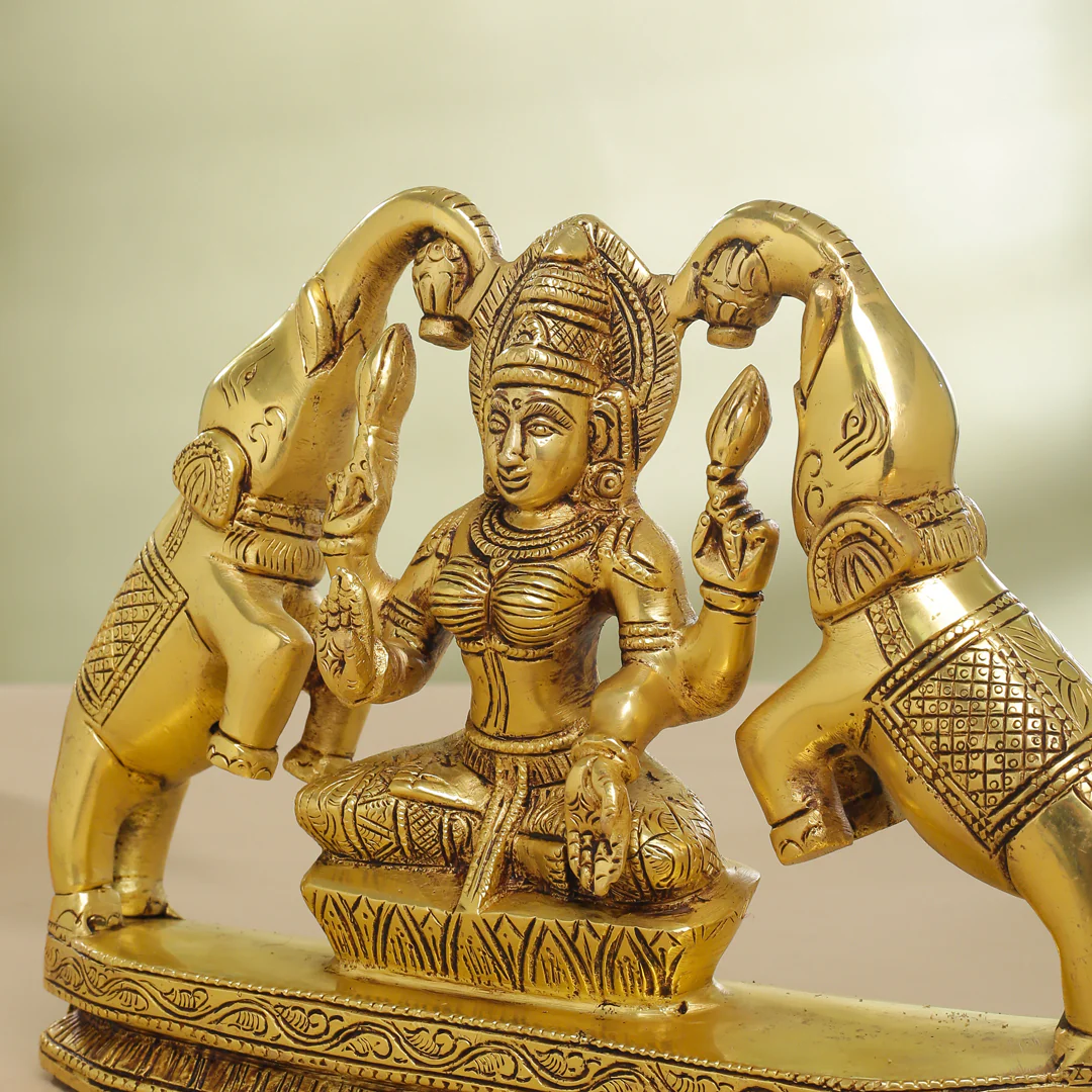 Brass Goddess Sitting Gaja Lakshmi Idol (7.5 Inch) - Image 4