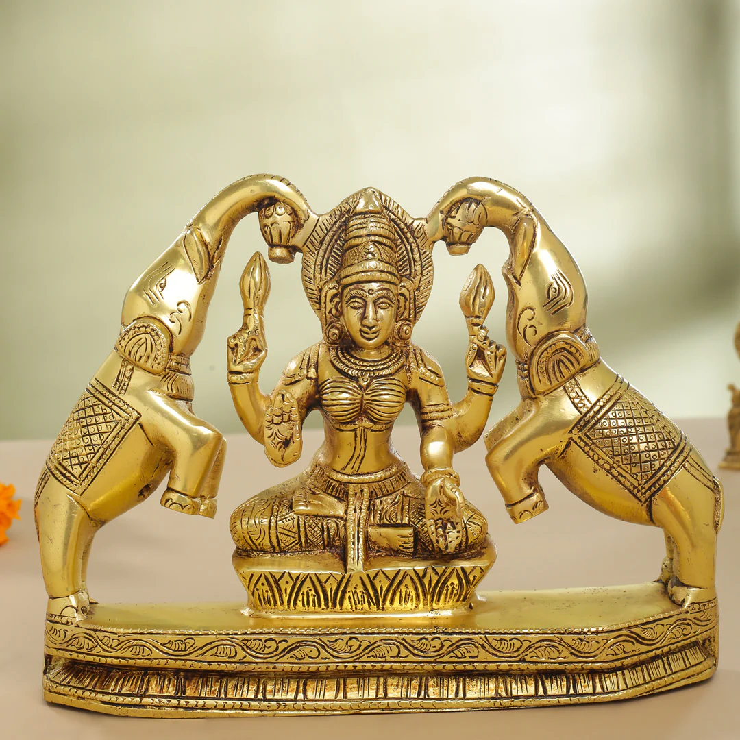 Brass Goddess Sitting Gaja Lakshmi Idol (7.5 Inch) - Image 5