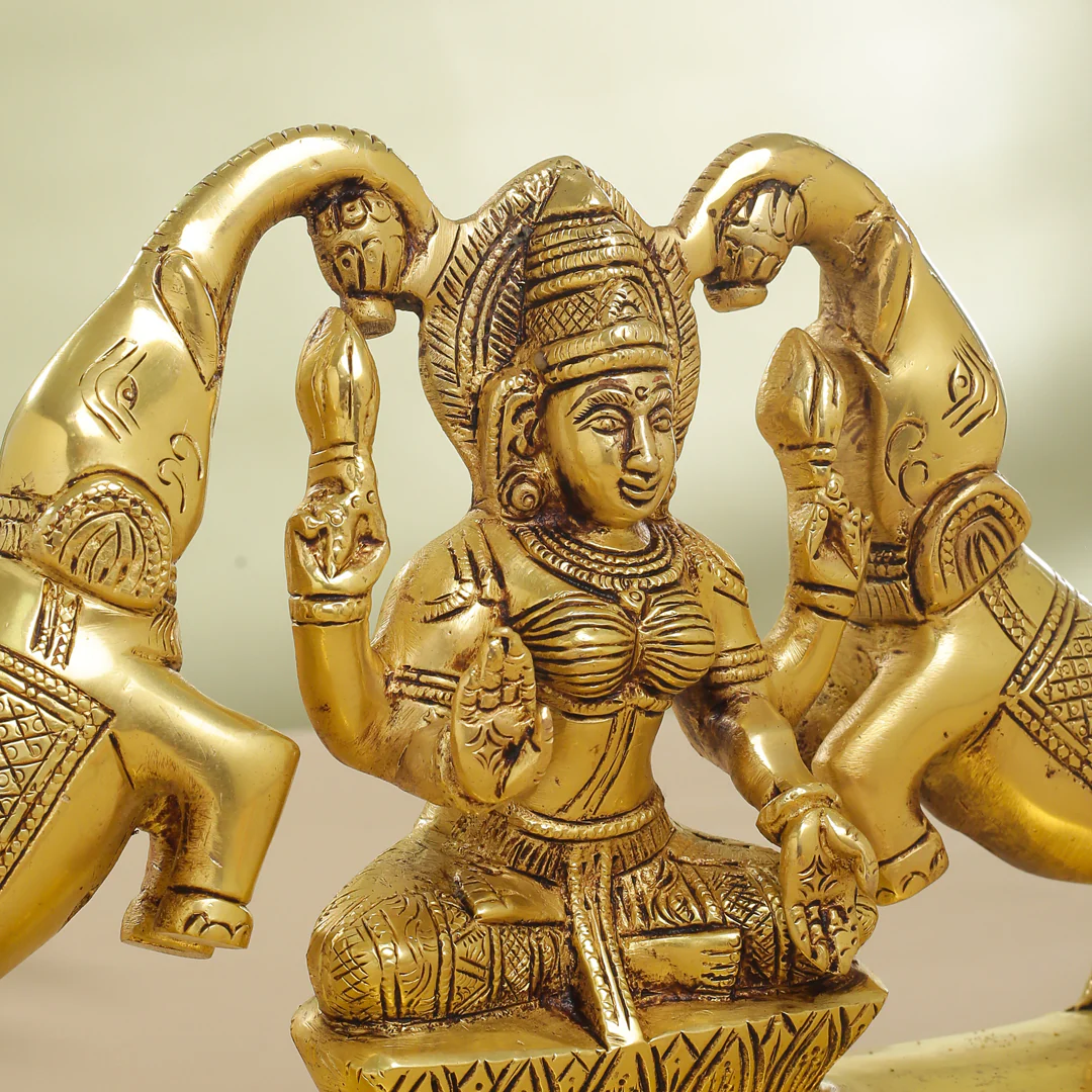 Brass Goddess Sitting Gaja Lakshmi Idol (7.5 Inch) - Image 6