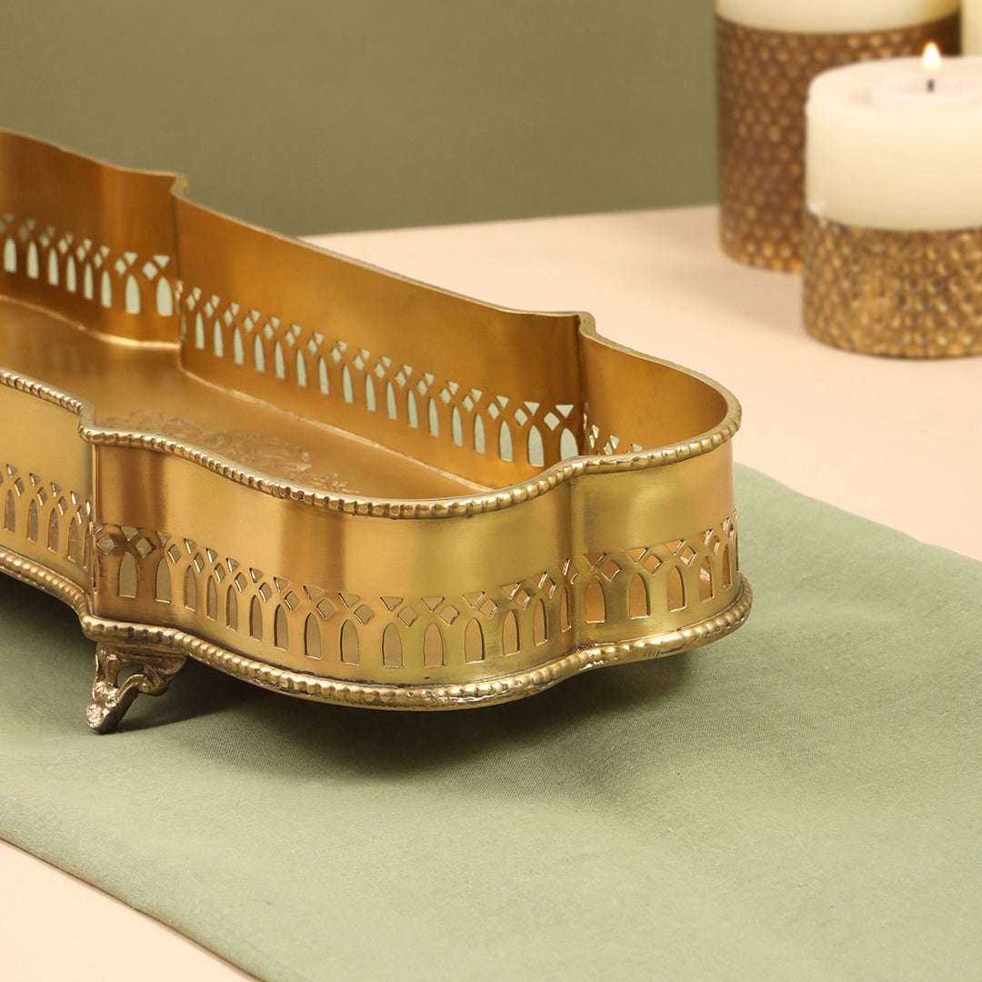 Brass Matt Finished Decorative Rectangular Shape Designer Tray With Legs (15.8 Inch) - Image 2