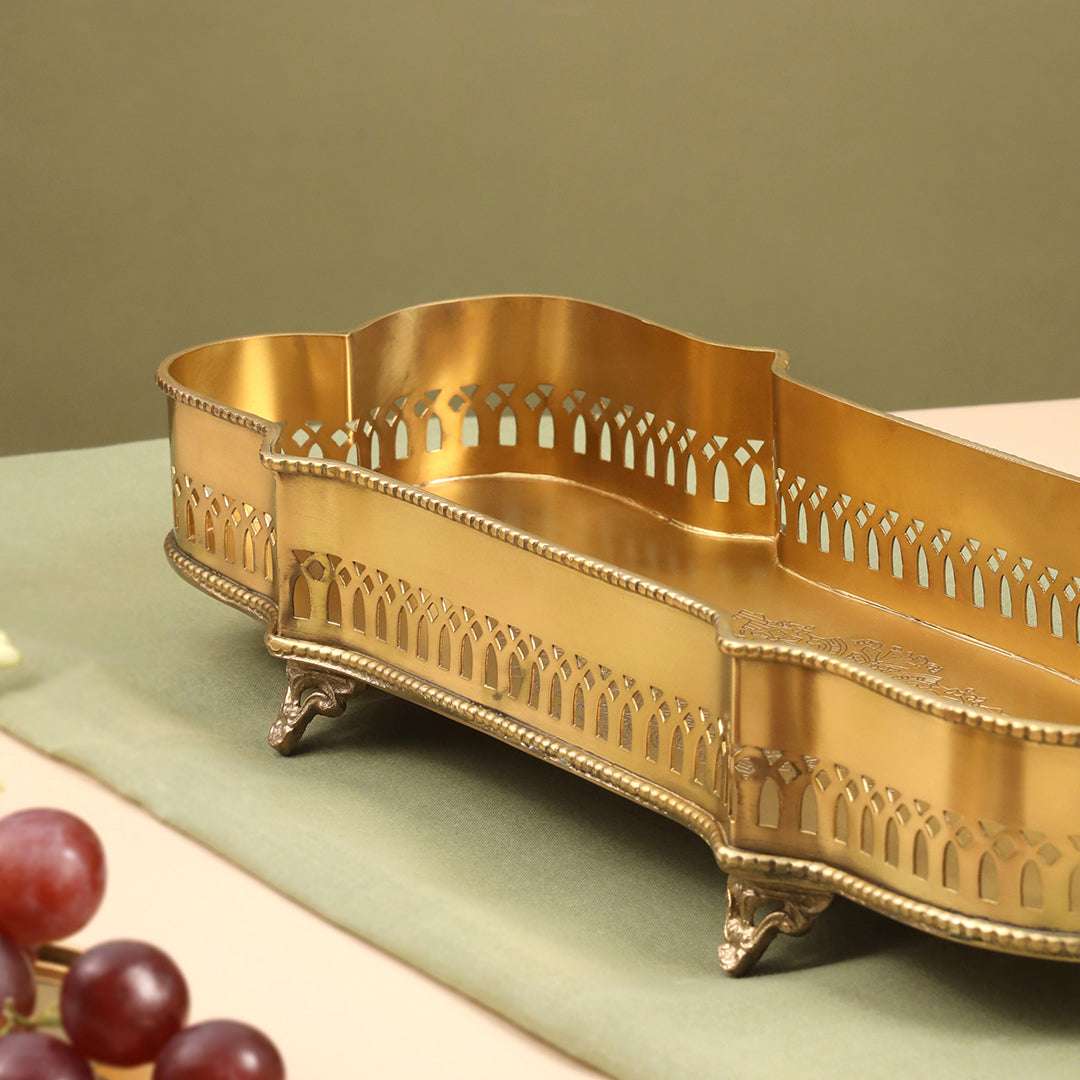 Brass Matt Finished Decorative Rectangular Shape Designer Tray With Legs (15.8 Inch) - Image 3