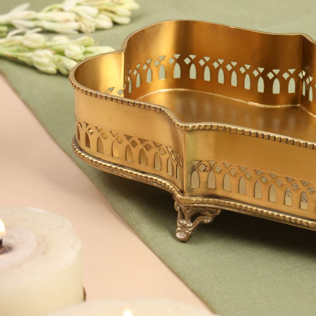 Brass Matt Finished Decorative Rectangular Shape Designer Tray With Legs (15.8 Inch) - Image 5
