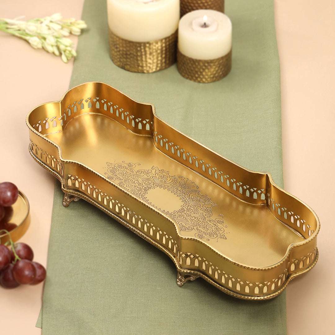 Brass Matt Finished Decorative Rectangular Shape Designer Tray With Legs (15.8 Inch) - Image 6