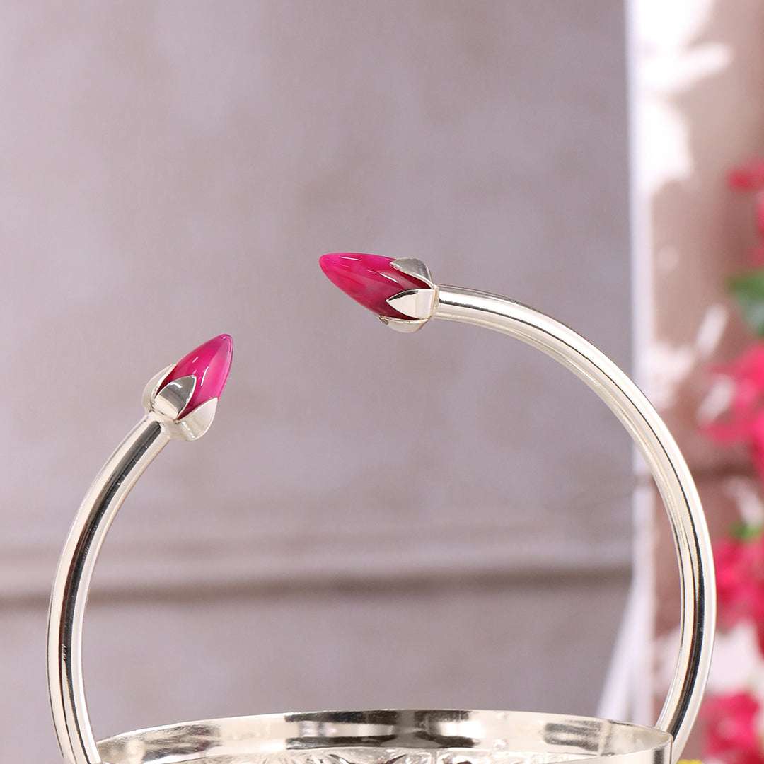 Brass Silver Plated Decorative Floral Basket with Pink Stone Handle (8 Inch) - Image 3