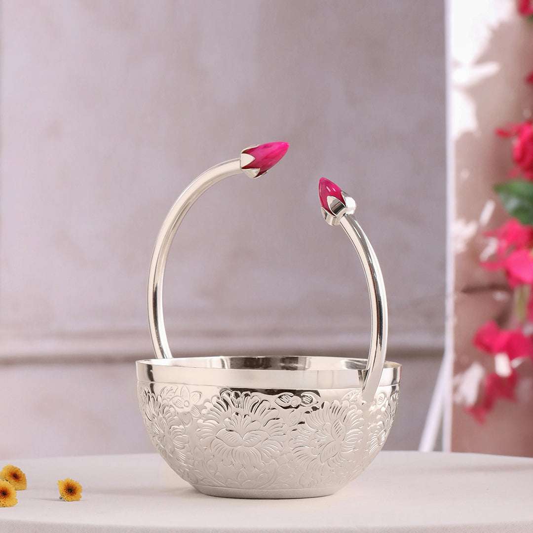 Brass Silver Plated Decorative Floral Basket with Pink Stone Handle (8 Inch) - Image 4