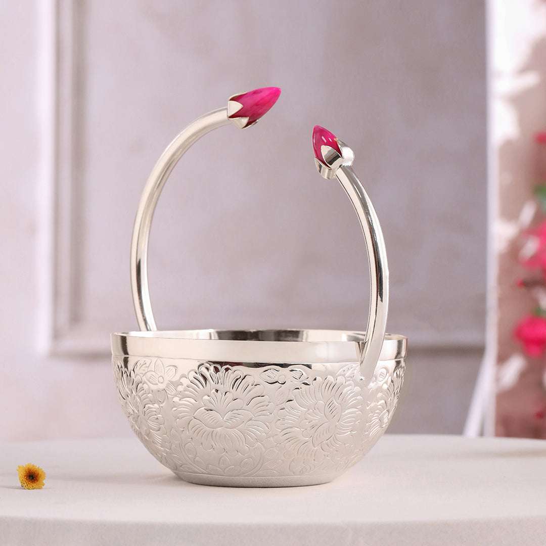 Brass Silver Plated Decorative Floral Basket with Pink Stone Handle (8 Inch) - Image 5