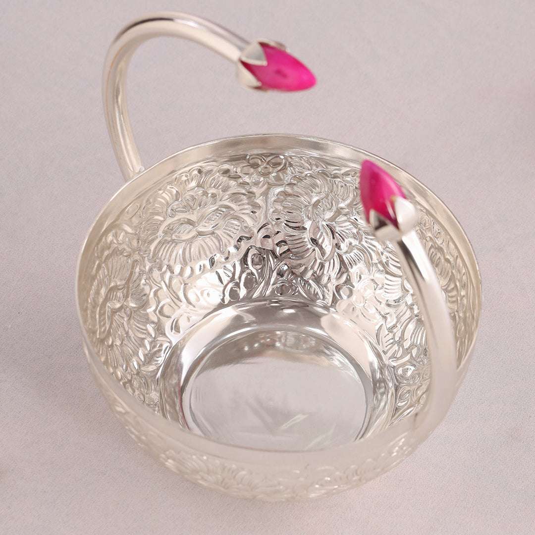 Brass Silver Plated Decorative Floral Basket with Pink Stone Handle (8 Inch) - Image 6