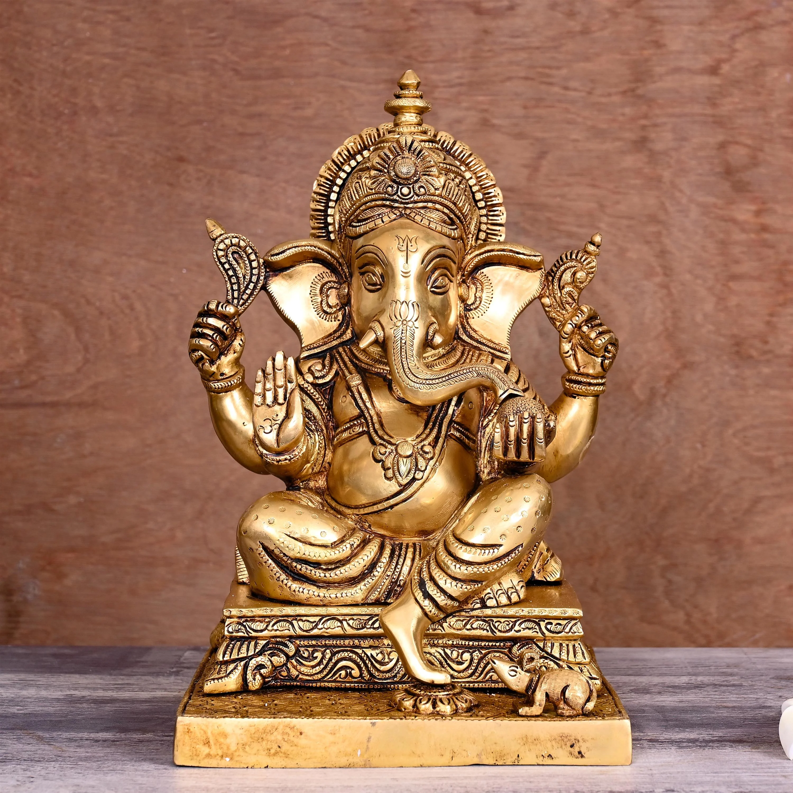 Brass Blessing Sitting Ganesha Statue (12 Inch)