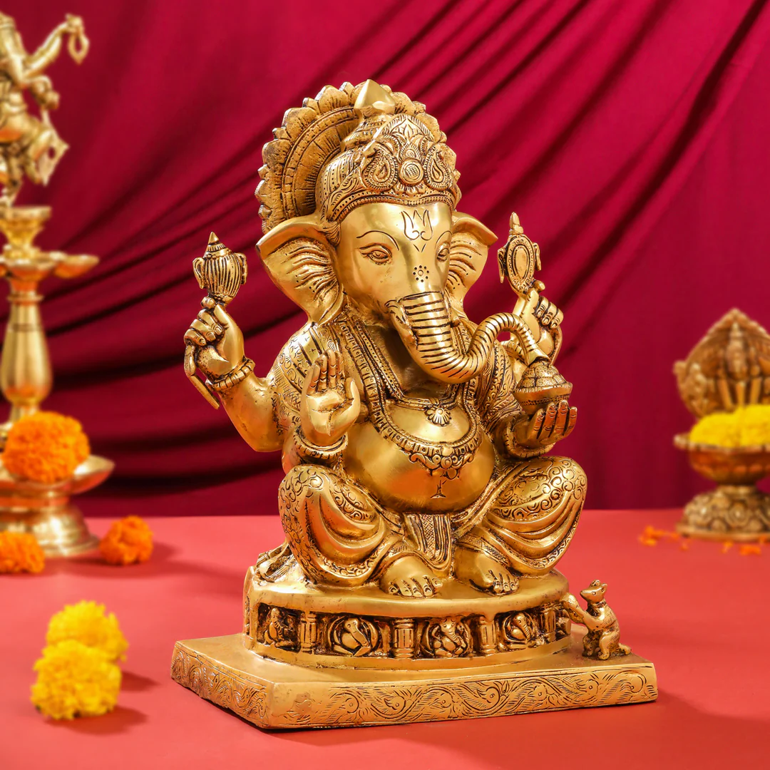 Brass Superfine Lord Sitting Ganesha Idol (14") - Image 2