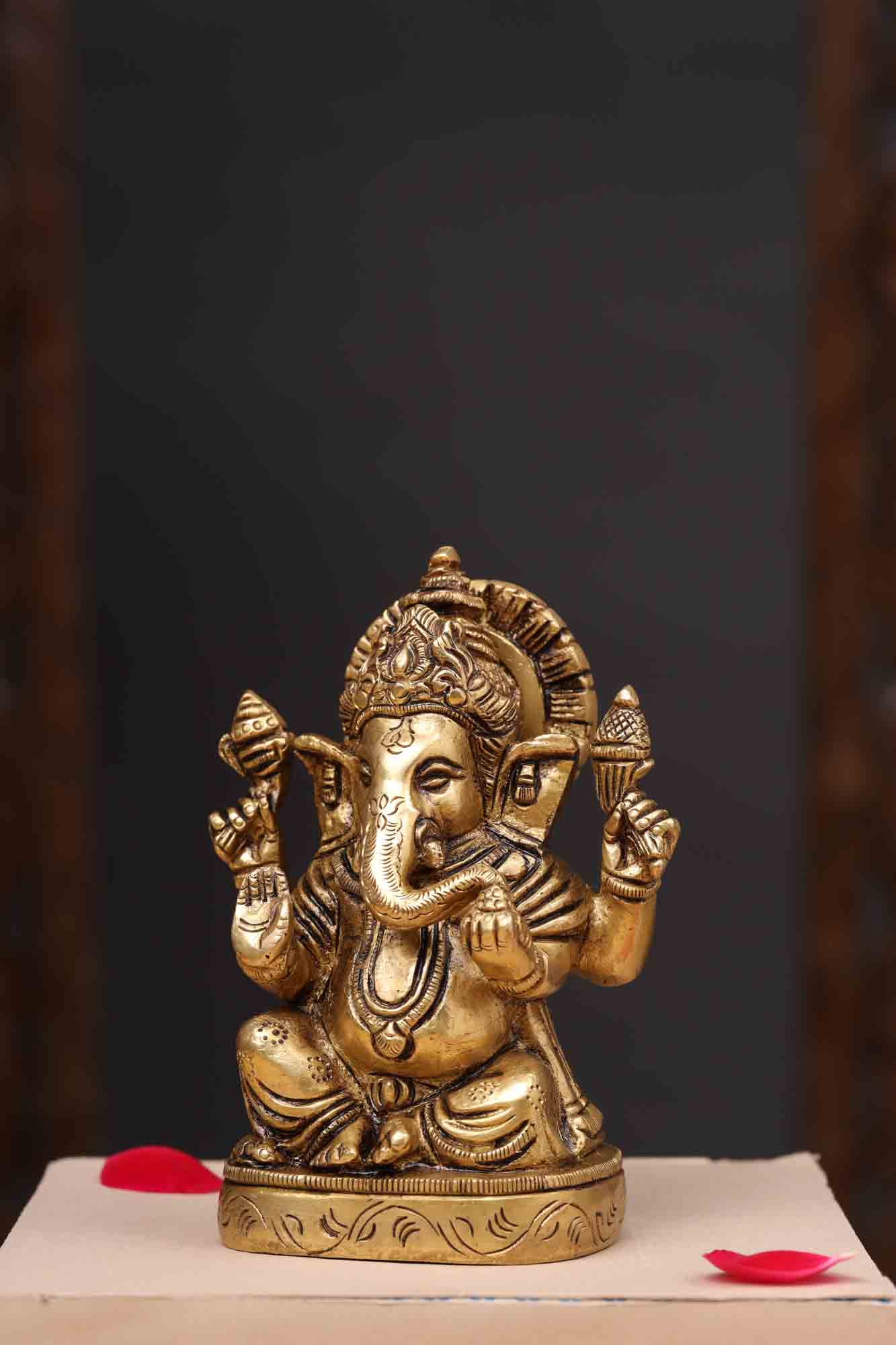 Brass Blessing Sitting Ganesha Idol (4.5 Inch) - Image 2