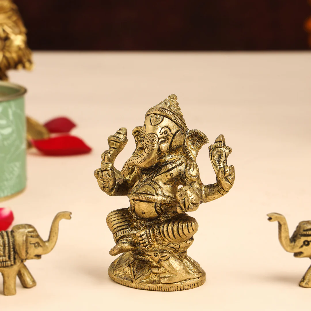 Brass Right Trunk Sitting Ganesha Idol With Elephants Combo - Image 2