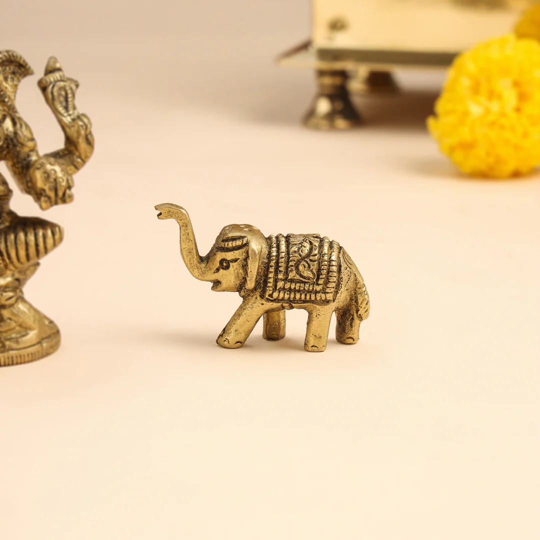 Brass Right Trunk Sitting Ganesha Idol With Elephants Combo - Image 6