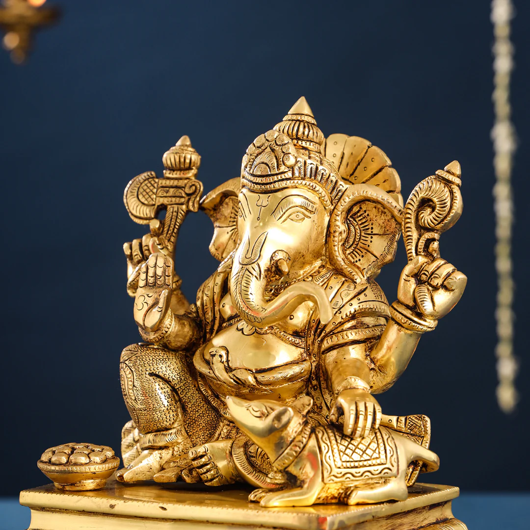 Brass Lord Sitting Ganesha Chowki Idol (12 Inch) - Image 4