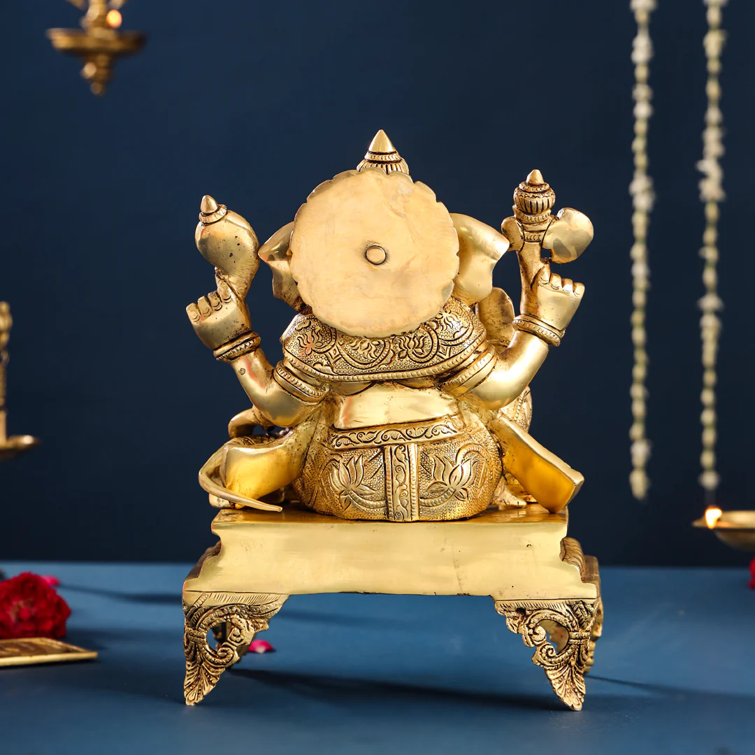 Brass Lord Sitting Ganesha Chowki Idol (12 Inch) - Image 6
