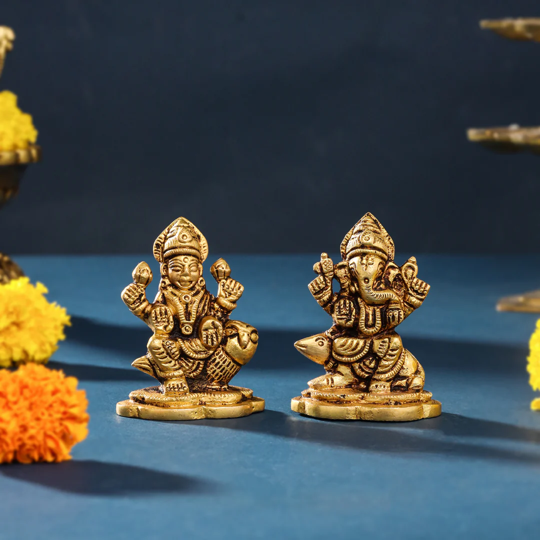 Brass Sitting Ganesha And Lakshmi Set (2.8 Inch)