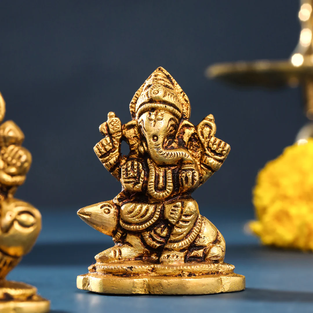 Brass Sitting Ganesha And Lakshmi Set (2.8 Inch) - Image 2