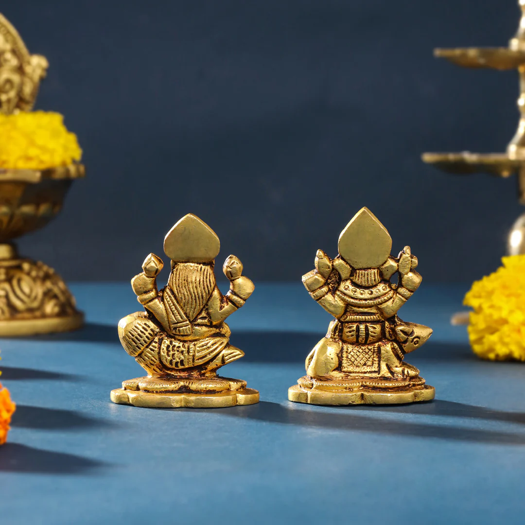 Brass Sitting Ganesha And Lakshmi Set (2.8 Inch) - Image 4