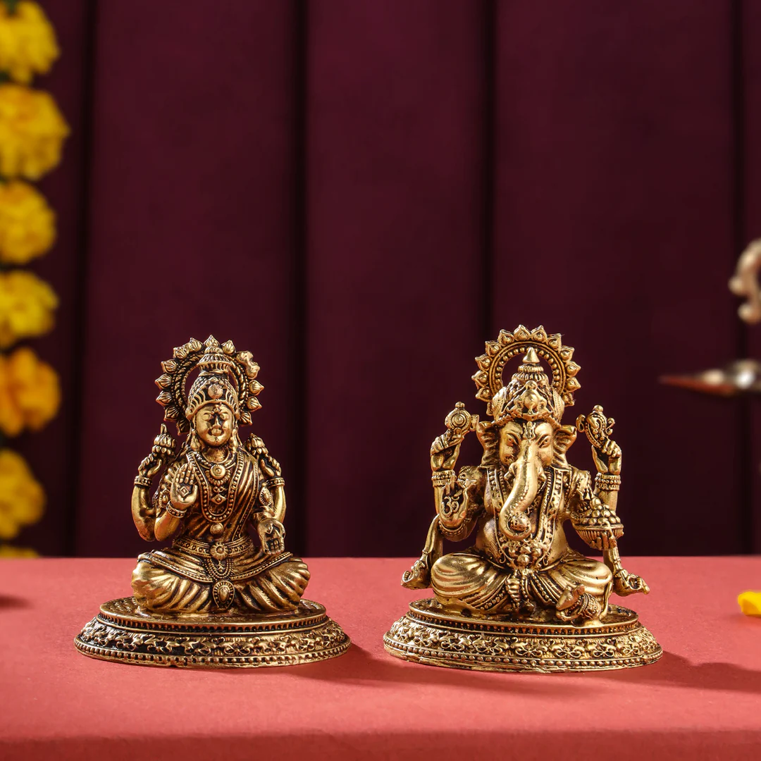 Brass Superfine Sitting Ganesha And Lakshmi set (2.5 Inch)