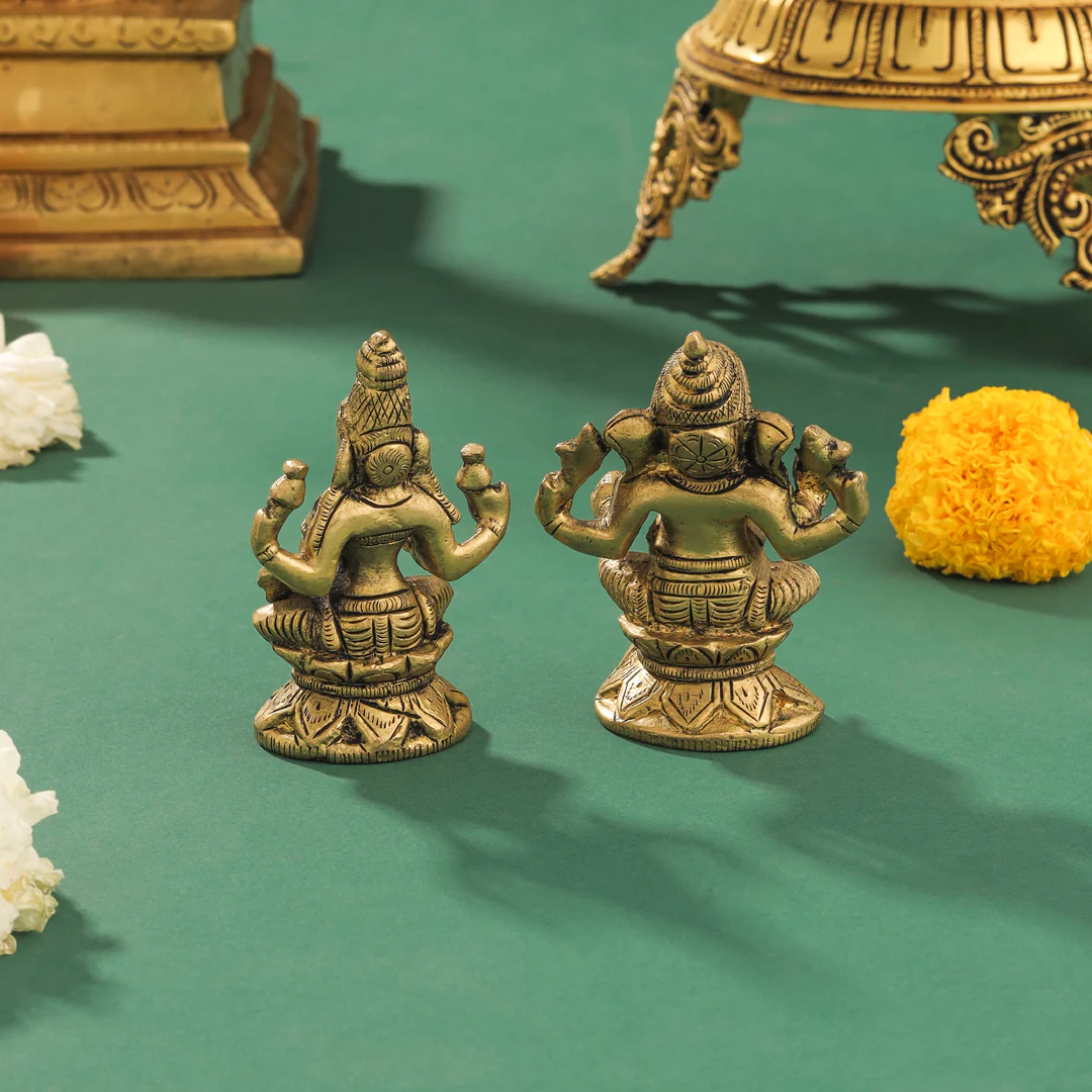 Brass Right Trunk Sitting Ganesha And Lakshmi Set (2.8 Inch) - Image 4