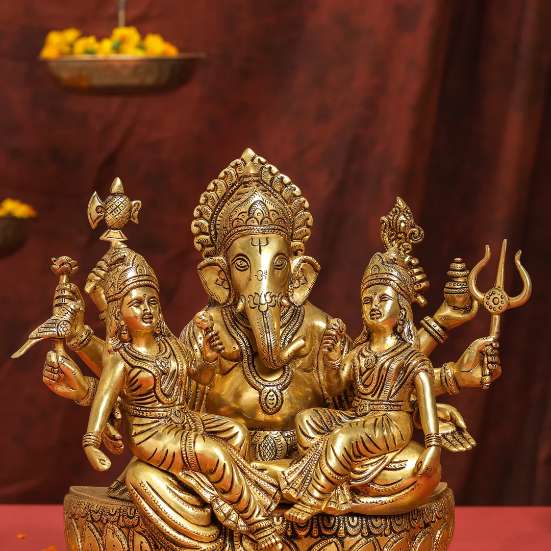 Brass Superfine Sitting Ganesha With Riddhi Siddhi Idol (12 Inch) - Image 4