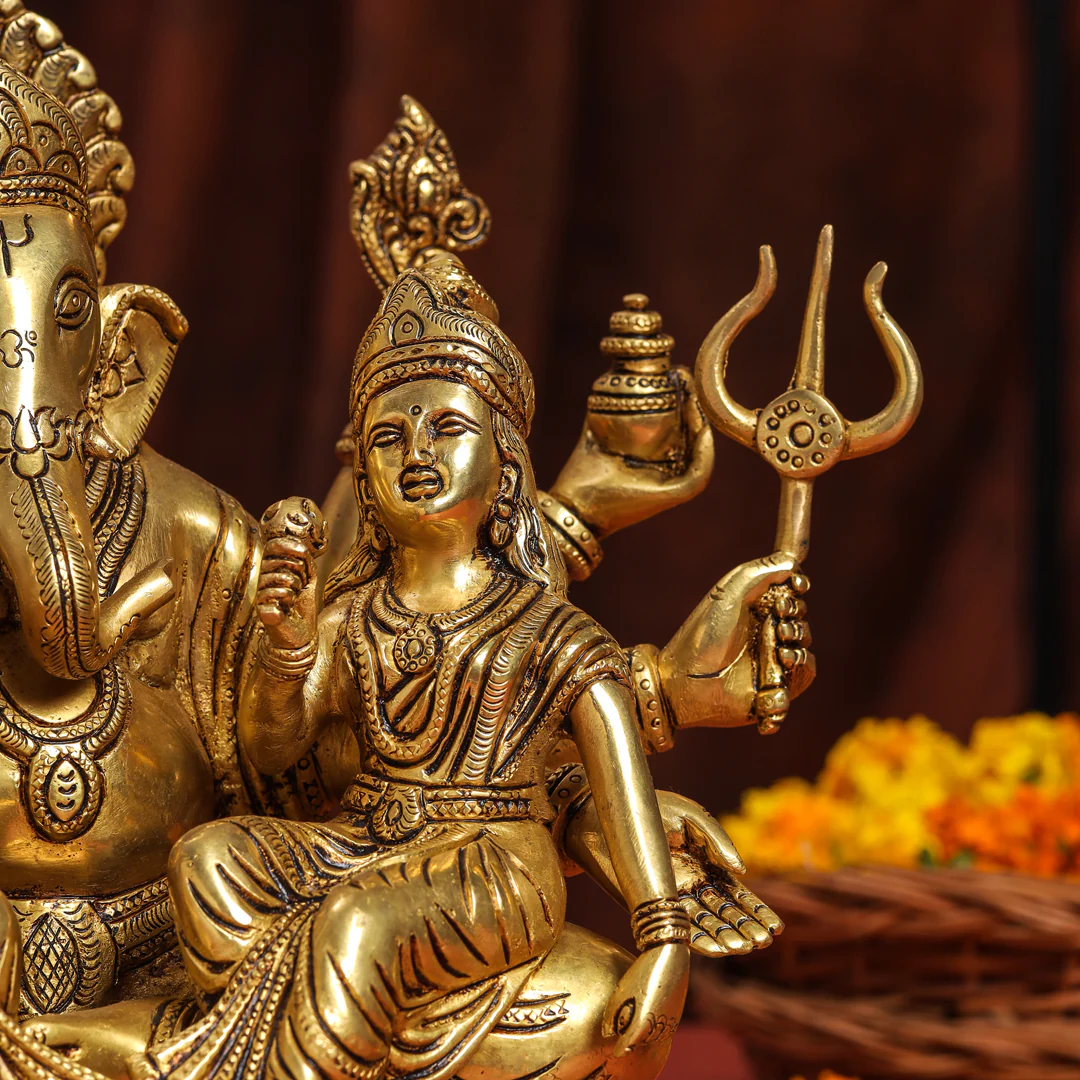 Brass Superfine Sitting Ganesha With Riddhi Siddhi Idol (12 Inch) - Image 5