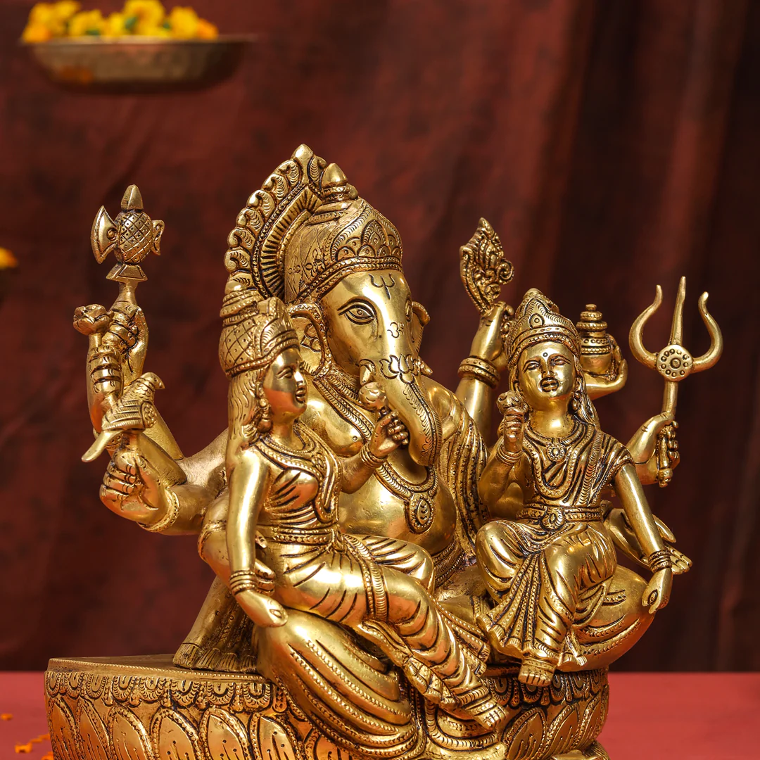Brass Superfine Sitting Ganesha With Riddhi Siddhi Idol (12 Inch) - Image 8