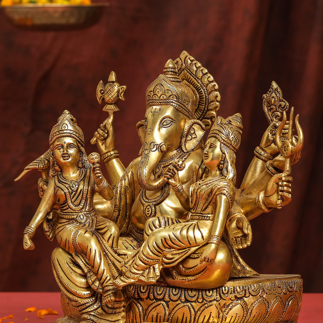 Brass Superfine Sitting Ganesha With Riddhi Siddhi Idol (12 Inch) - Image 9