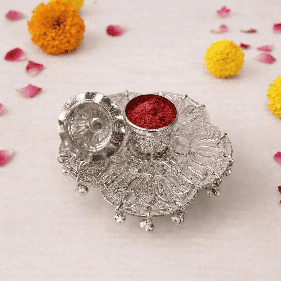 German Silver Kumkum Box With Ghungroo (3.5 Inch) - Image 2