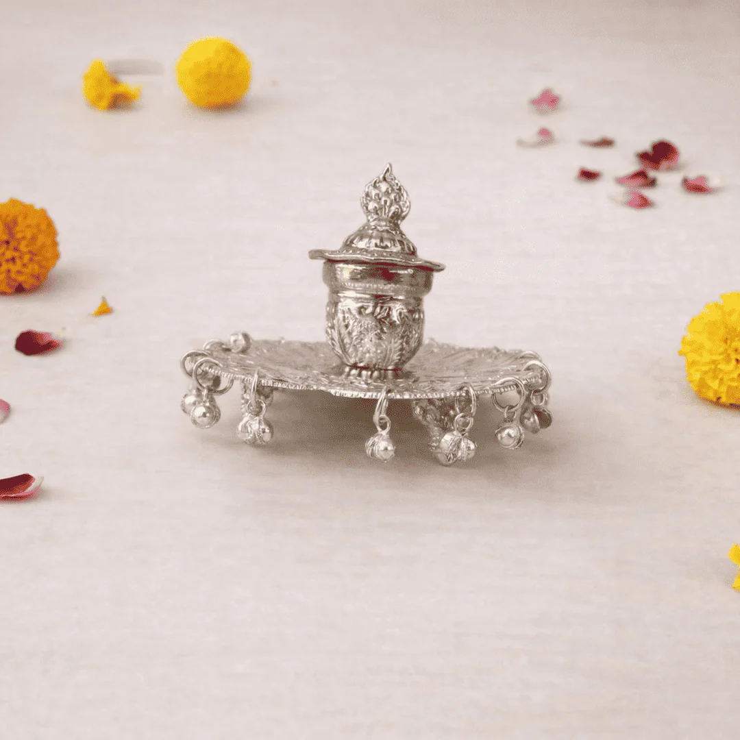 German Silver Kumkum Box With Ghungroo (3.5 Inch) - Image 6